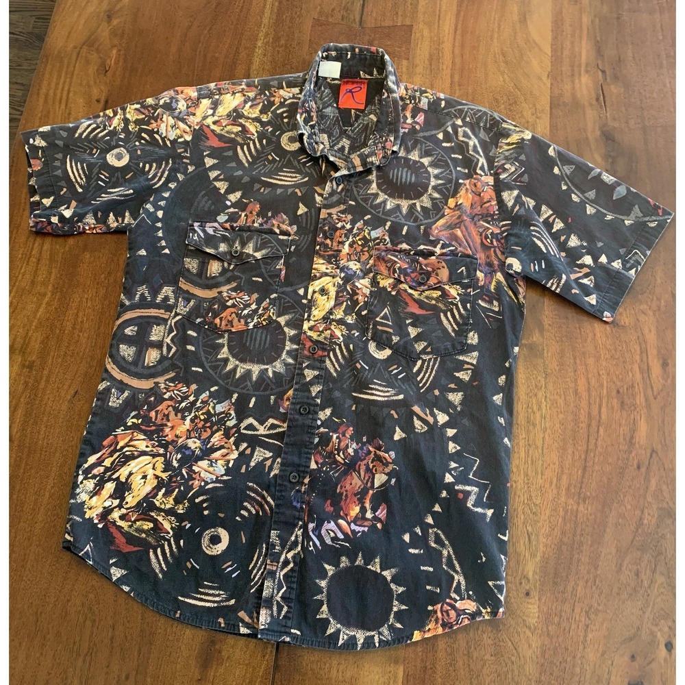 Vintage 90s Roper Western Print Button Shirt Mens M USA Native Horse Lone Roo